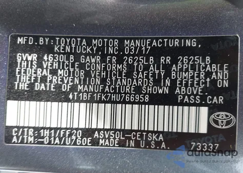 2017 Toyota Camry Se из США, поврежденный, VIN 4T1BF1FK7HU766958